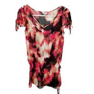 Worthington‎ Sheer V-Neck Blouse Women's Medium Pink Tan Black Capped Sleeve